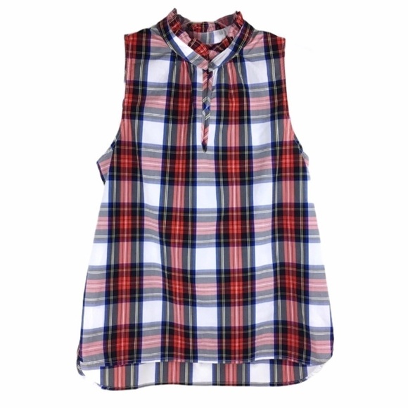 J. Crew Ruffle Neck Sleeveless Plaid Cotton Poplin Shirt NWT Size 4 - Picture 1 of 12
